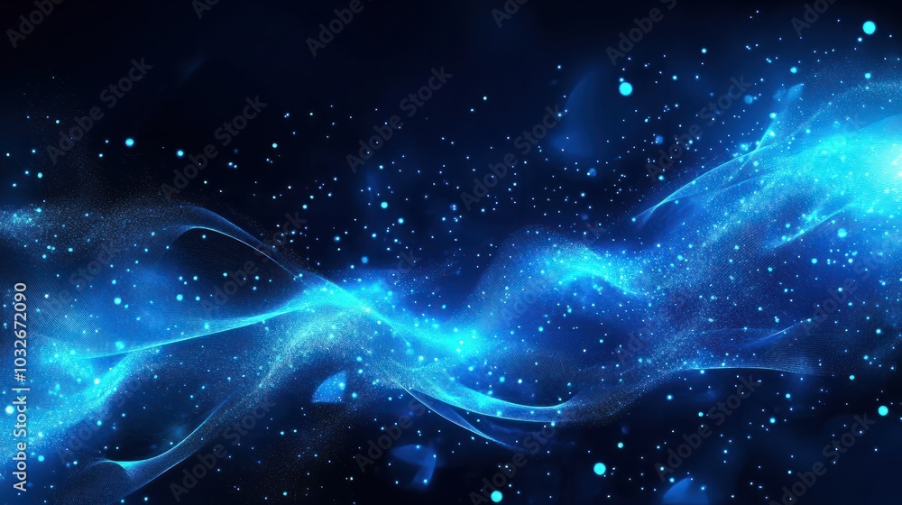 Poster abstract dark blue digital background with sparkling blue light particles and areas with deep depths