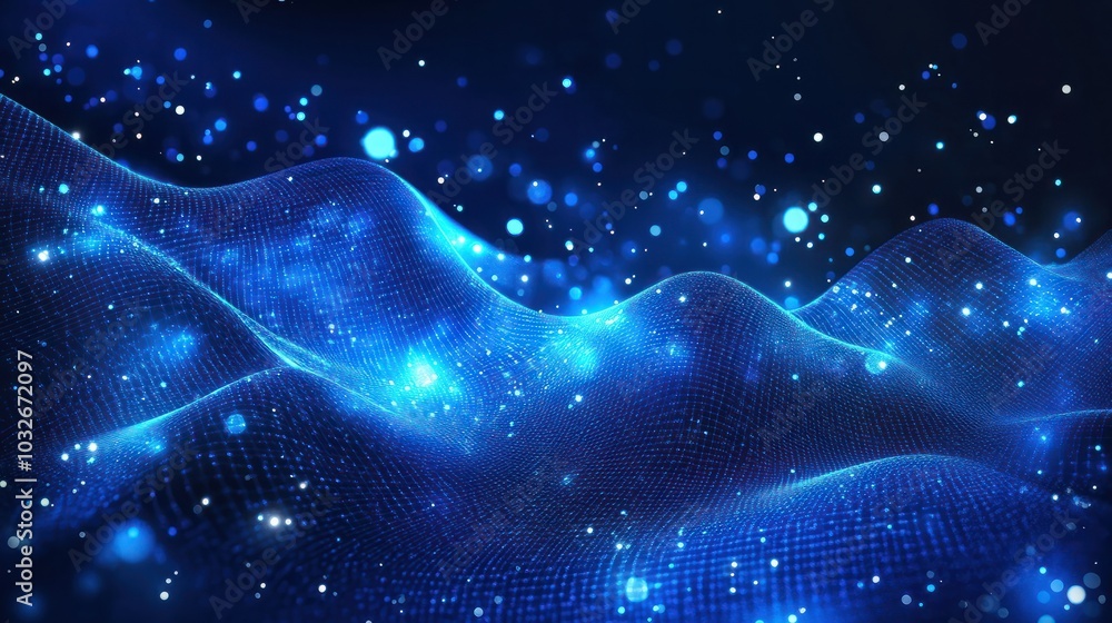 Poster abstract dark blue digital background with sparkling blue light particles and areas with deep depths