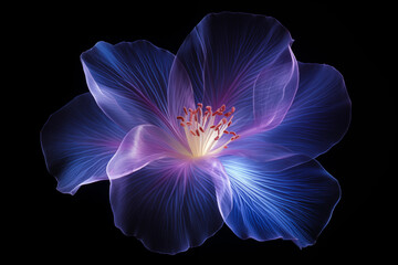 Milkwood pine flower petal made from purple neon glow light isolated on dark background