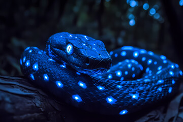A majestic snake with bioluminescent spots glowing in the dark, creating a surreal and magical nighttime scene in the wild