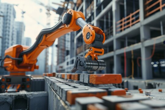 An innovative robotic arm laying bricks on a construction site, A robot operates on a construction site, showcasing advanced technology in building and engineering tasks.