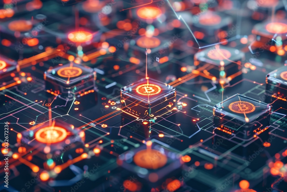 Poster an interconnected network of computers transferring a digital currency known as blockchain ,a concep