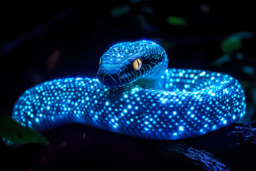 A majestic snake with bioluminescent spots glowing in the dark, creating a surreal and magical nighttime scene in the wild