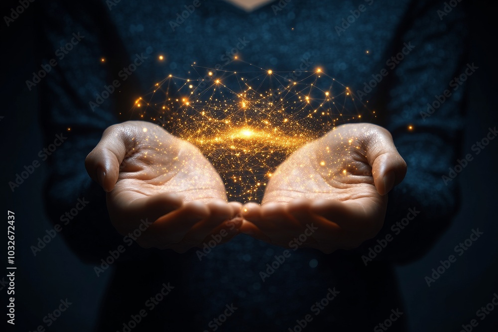 Poster hands holding glowing golden light particles in the dark symbolizing the power of creation energy fl