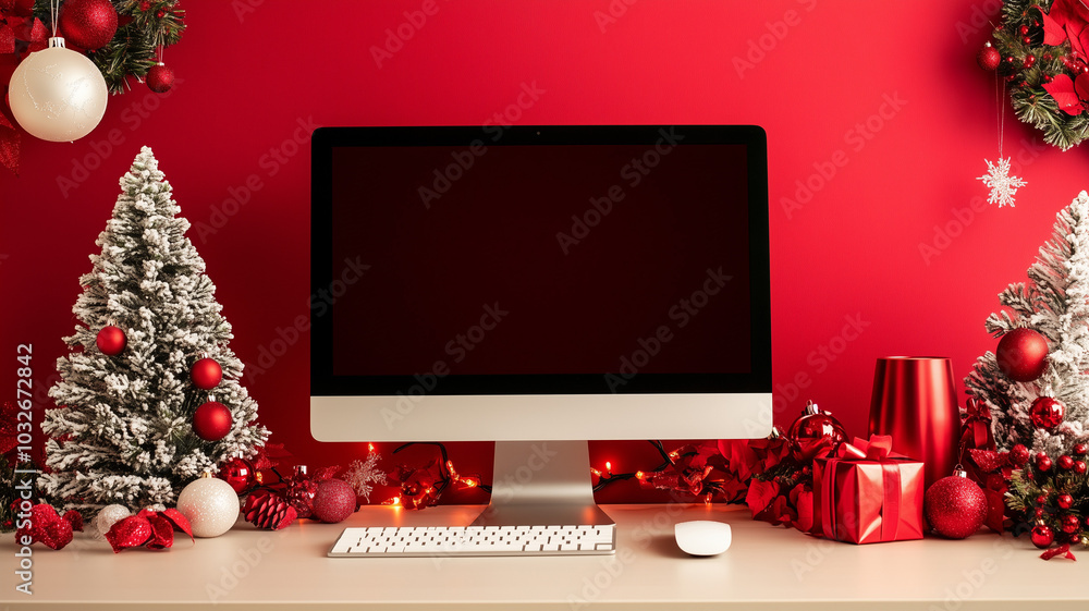 Wall mural front view of a computer with copy space on red background at christmas time