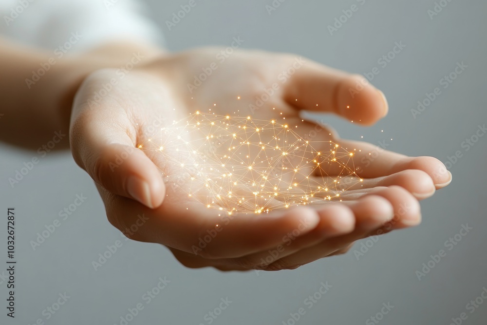 Poster hand holding golden glowing sparkles symbolizing magic creation and the delicate beauty of light in 