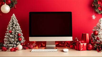 Front view of a computer with copy space on red background at christmas time