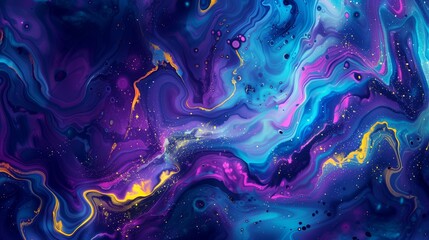 Painting of a galaxy with a blue background and gold and purple swirls