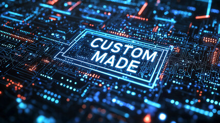 Fototapeta premium Customized circuit board design concept with CUSTOM MADE text and futuristic digital elements