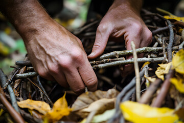 Hands building survival shelter with sticks in forest nature camping outdoor bush craft wilderness preparation skills autumn adventure wood crafting primitive DIY