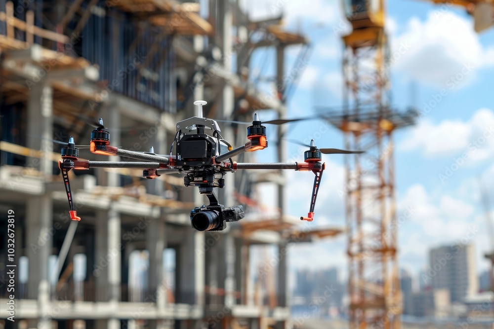 Poster an isolated image of a cutting-edge construction drone ,a drone is seen flying above a construction 