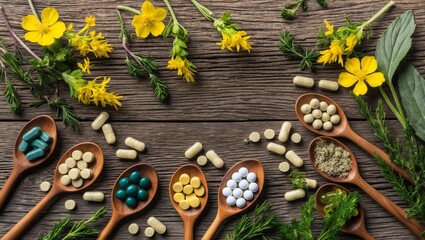 Herbal supplements flat lay with fresh herbs
