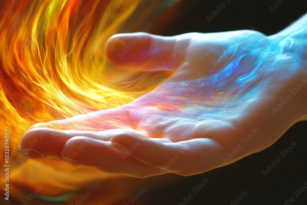 Aufkleber hand with glowing swirling blue and yellow light symbolizing the dynamic flow of energy creation and