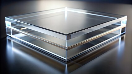 Obraz premium Elegant transparent acrylic display box with reflections on a sleek dark surface