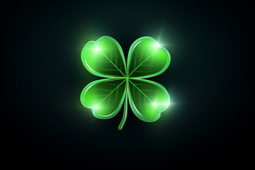 green shamrock leaf made from green neon glow light isolated on dark background