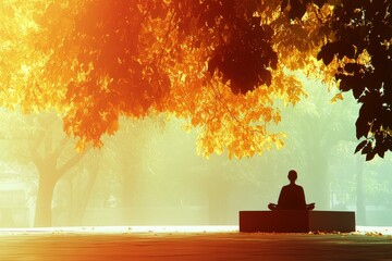 Silhouette of a person meditating under a tree at sunset surrounded by warm golden light symbolizing peace reflection and connection to nature in a serene radiant landscape