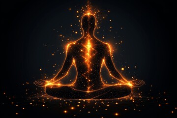 Silhouette of a meditating figure glowing with golden light surrounded by radiant energy particles symbolizing enlightenment spiritual power and balance in a surreal setting