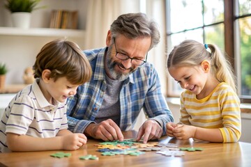 A man is playing with two children, one of whom is wearing glasses