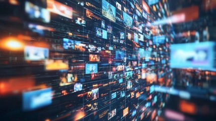 Abstract digital screen with multiple video displays and data stream background.