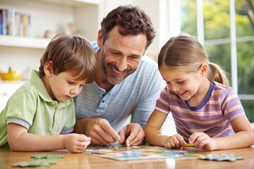 Obraz premium A man is playing with two children, one of whom is wearing glasses