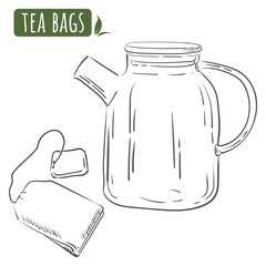 Tea set. Tea bag and teapot. Vector outline sketch. Healthy lifestyle.
