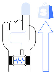 A hand with a wearable device displaying health data a finger attached to a pulse sensor a shopping bag and an upward arrow. Ideal for health technology online shopping wearable devices healthcare