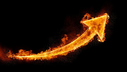 Burning arrow pointing up isolated on black backdrop. 3D rendering.