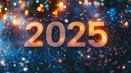 Glittering 2025 celebration with festive lights and sparkling background