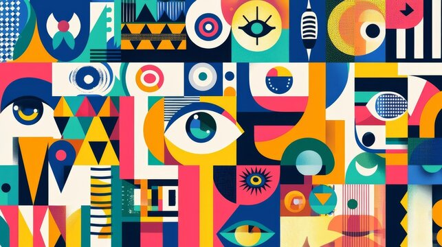 A vibrant collage of geometric shapes and eye motifs, showcasing colorful patterns and artistic design for modern aesthetics.