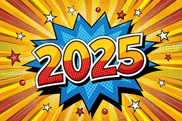 A pop art style 2025 number on a comic style background, ideal for vibrant and youthful celebrations