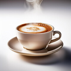 A close-up of a cappuccino cup reveals rich layers of velvety foam and espresso, set against a pristine white background, inviting warmth and comfort in every sip.