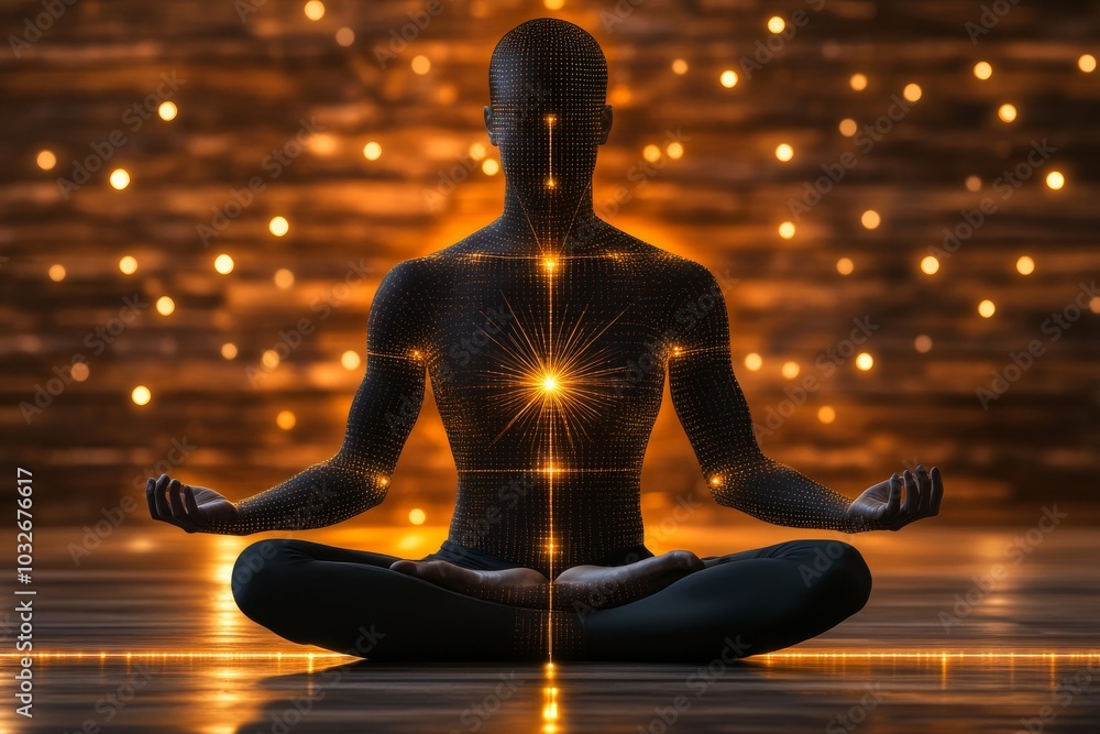 Poster glowing meditating figure in lotus pose surrounded by sparkling golden lights symbolizing energy flo