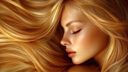 Naklejka premium Close-up of a serene woman with flowing hair.
