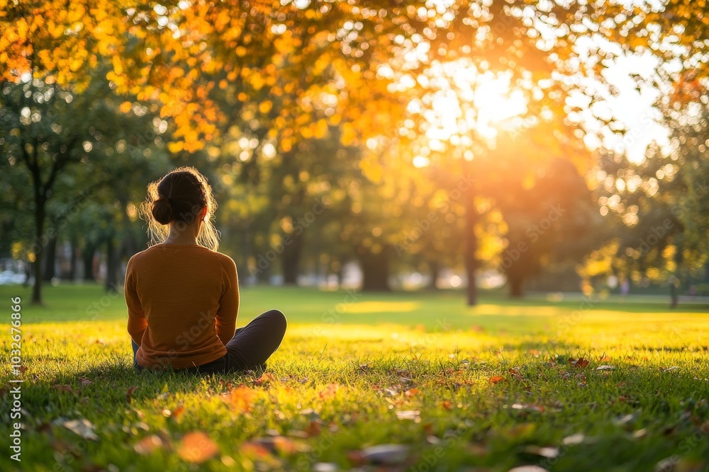 Aufkleber person meditating in a golden autumn park illuminated by warm sunlight filtering through the leaves 