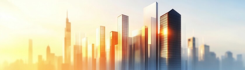 Obraz premium City skyline at sunrise, showcasing modern skyscrapers and vibrant sky colors.