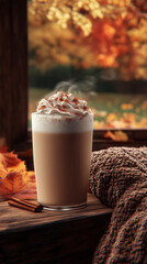 Creamy latte with whipped cream in cozy setting.