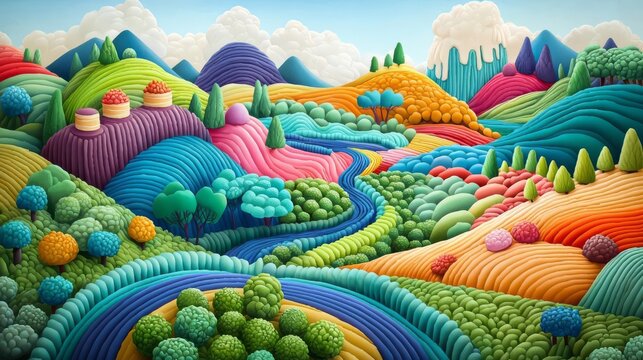 Vibrant landscape featuring colorful hills, trees, and a winding river under a bright blue sky, perfect for artistic inspiration.