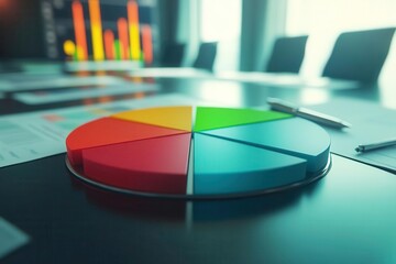 Fototapeta premium Colorful pie chart on a desk with documents in a modern office setting.