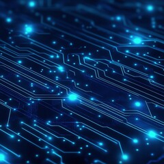 Obraz premium Vibrant blue digital circuit board with glowing connections and particles in a dark setting