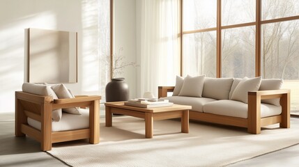 A living room with wooden furniture, beige textiles, and soft throw pillows, illuminated by natural light streaming through large windows.