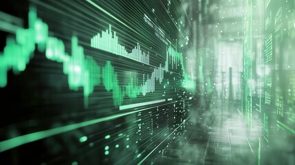 Digital data visualization with green graphs and abstract lines on a dark background.