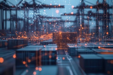 Fototapeta premium Digital network visualization over a large cargo shipping port.