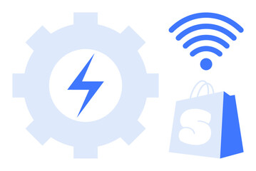 Gear with lightning bolt indicates technology or power. wireless symbol represents connectivity. Shopping bag with S implies ecommerce. Ideal for technology, power, connectivity, ecommerce