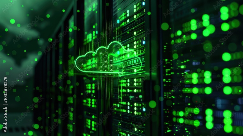 Poster cloud computing, server technology, data storage, digital network, green glowing graphics, technolog
