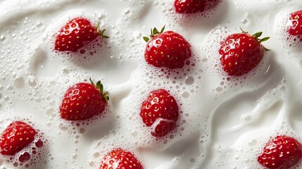 Close-Up of Body Cream Texture with Floating Strawberries in Milk