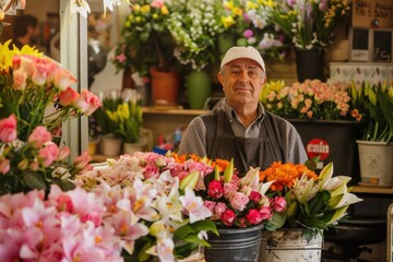 Fototapeta premium Florist Arranging Fresh Roses and Lilies in a Vibrant Flower Shop Setting
