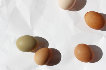 Farm Free Range Eggs. Overhead View of Colorful Hens Eggs Arranged on White Paper Background.