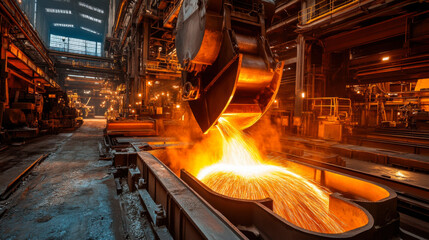 Molten metal pouring at a large industrial foundry during nighttime, showcasing the intense activity and glowing furnaces