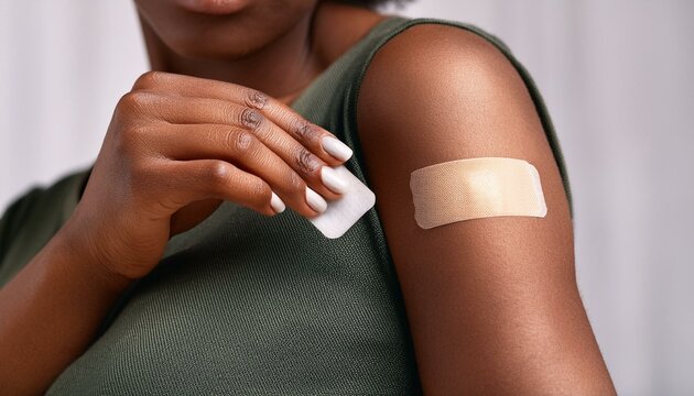 Close-up of African American Woman Applying Contraceptive Nicotine Patch