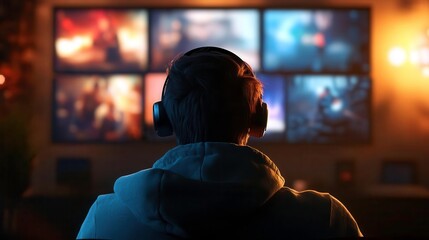 Gamer immersed in multiple screens, headphones on, focused on gameplay.